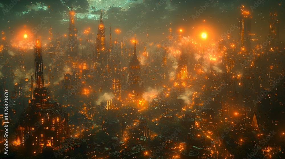 Fototapeta premium Glowing steampunk city at night, fiery orange lights, smoke.