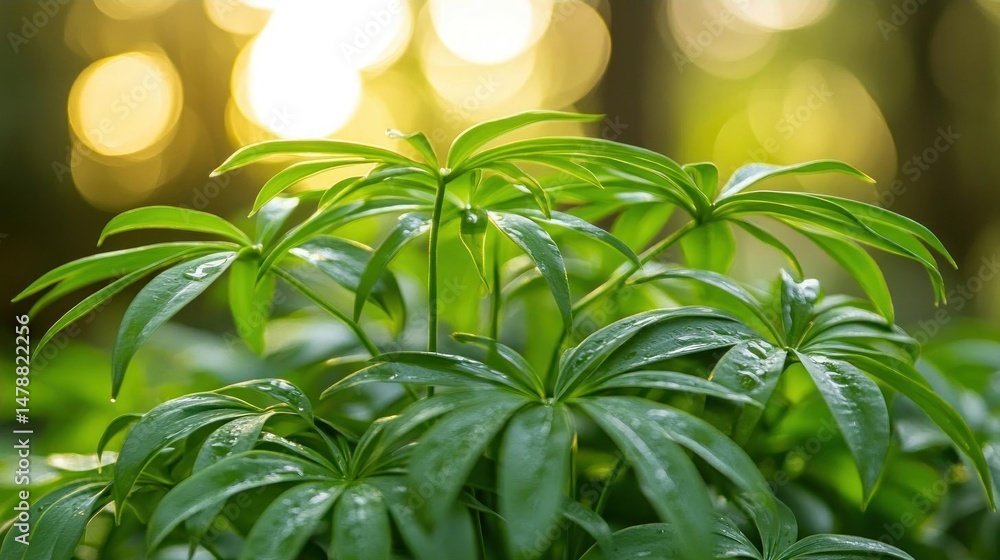 Obraz premium Lush Green Plants in a Soft Golden Sunlight