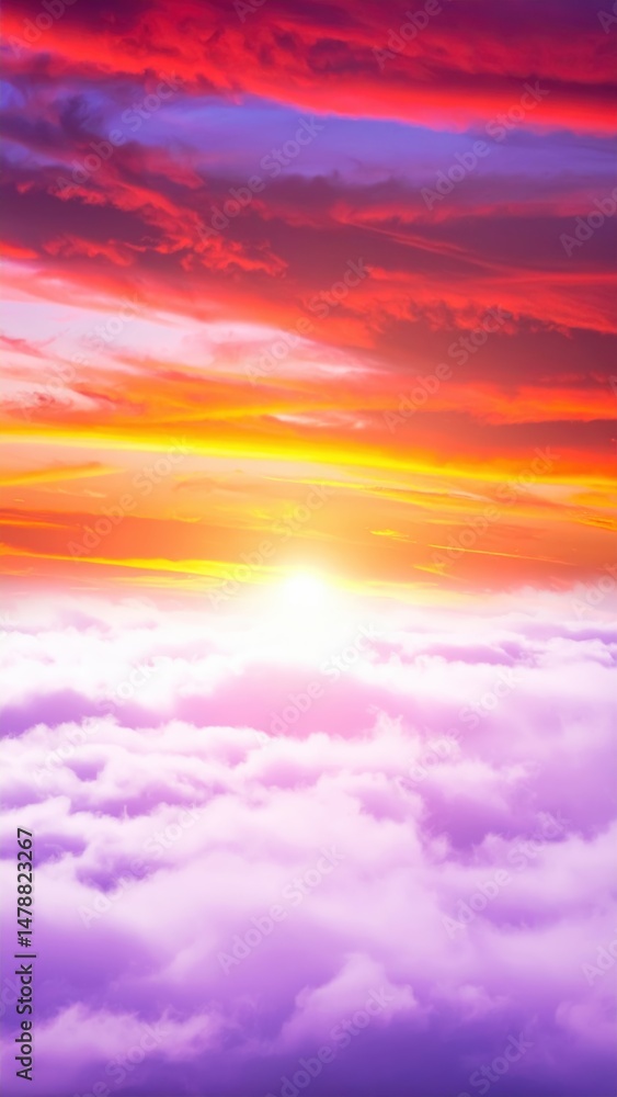 Obraz premium A breathtaking sunset casts vibrant hues of orange, pink, and purple across fluffy clouds, creating a stunning, serene sky that inspires tranquility.