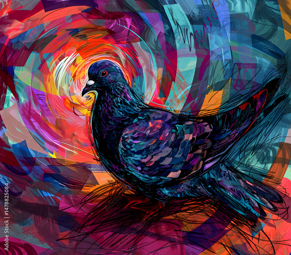 Obraz premium an abstract drawing of a pigeon with colorful lines, precisionist lines, light red and indigo, colorful turbulence with mixed pattern colorful background