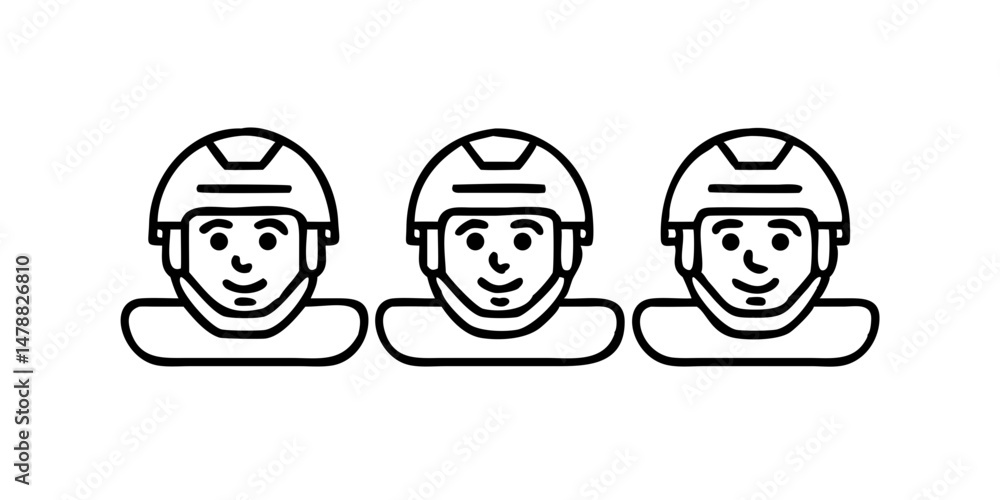 Row of soldier heads in helmets and outline style Row of soldier heads in helmets and outline style