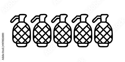Row of five grenades icon in black outline style