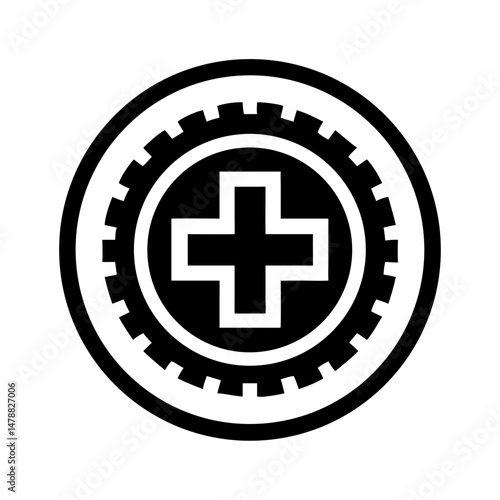 Military medical cross in gear emblem black icon