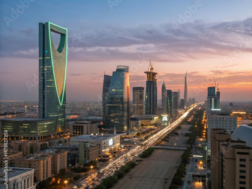 A modern Middle Eastern metropolis at dusk is showcased, dominated by the Kingdom Centre tower with its green arch, with long exposure capturing streaking city lights under a soft pink and orange sky.