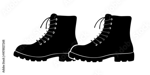 Pair of black military combat boots in silhouette style