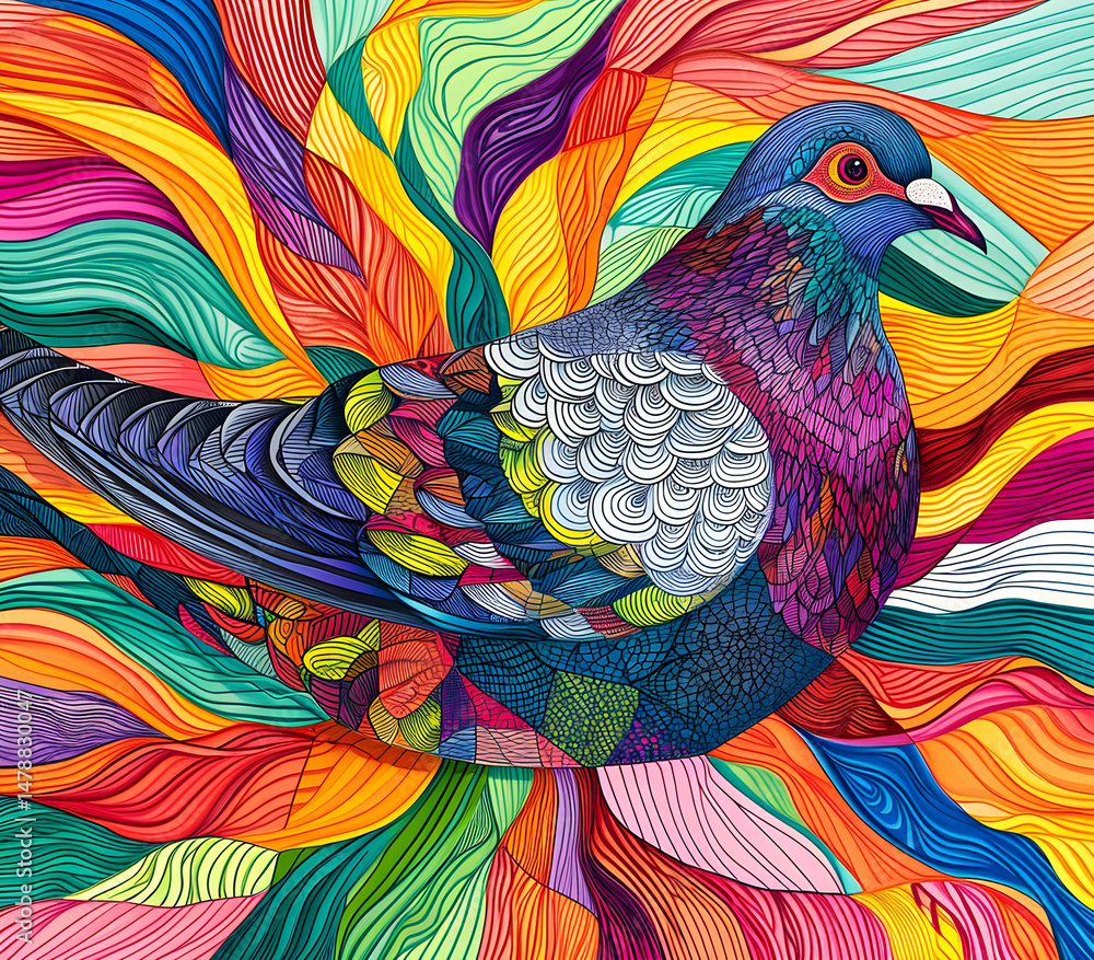Obraz premium an abstract drawing of a pigeon with colorful lines, precisionist lines, light red and indigo, colorful turbulence with mixed pattern colorful background