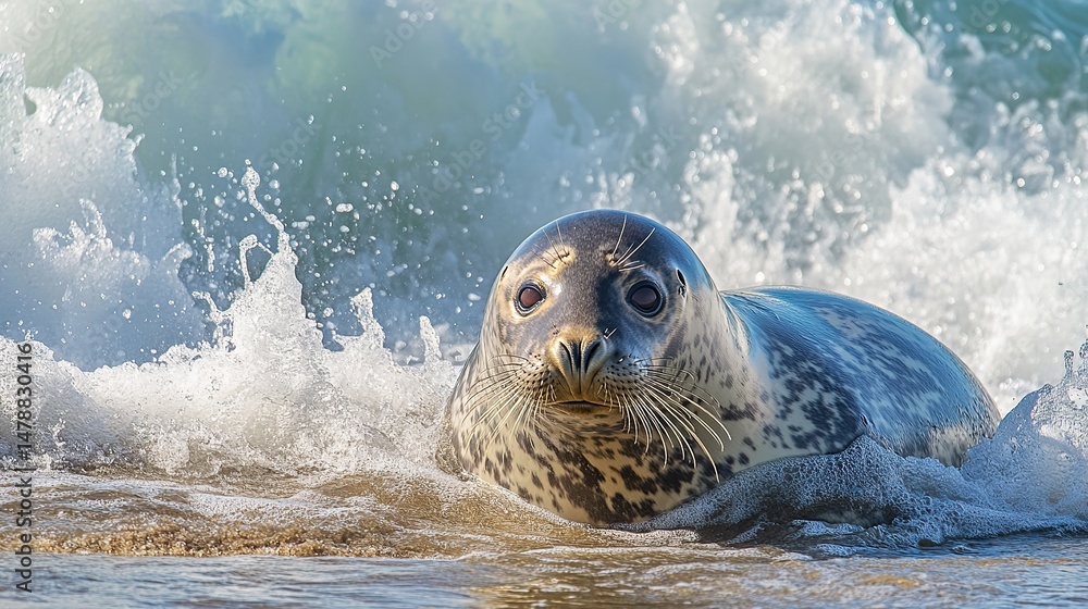 Obraz premium Grey Seal Emerges from the Sea, Resting in Shallow Water with a Crashing Ocean Wave in the Background.