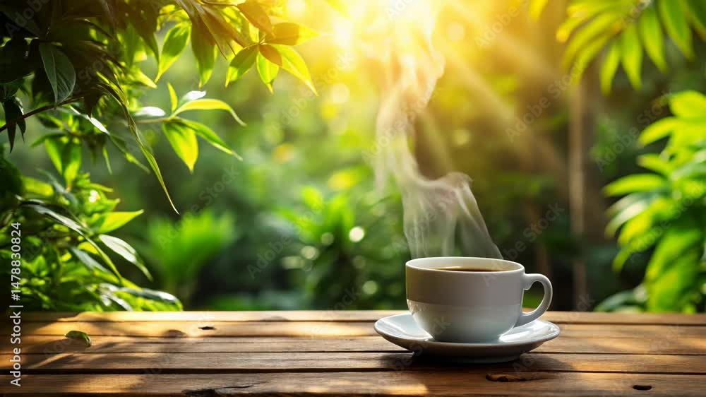 Serene Morning Scene with Coffee Cup in Lush Green Environment Serene Morning Scene with Coffee Cup in Lush Green Environment