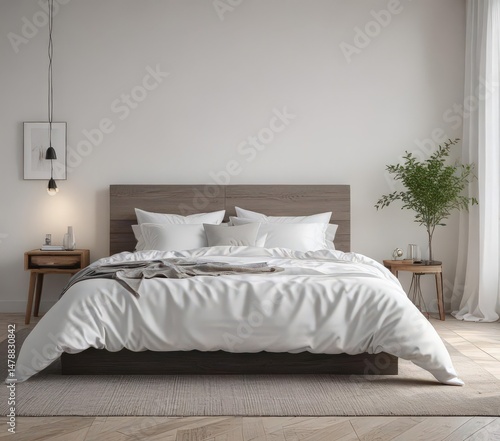 White linens, king bed, minimalist Scandinavian bedroom, interior, duvet