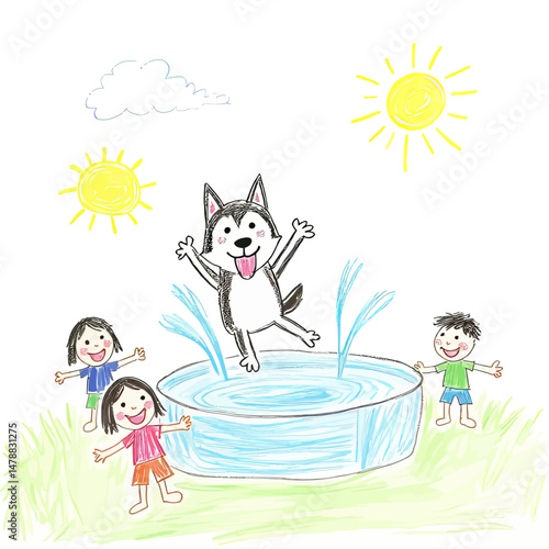 Siberian husky jumps excitedly into a kiddie pool,