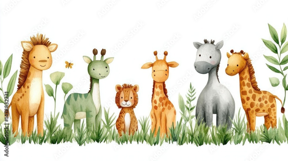 Naklejka premium Adorable Safari Animals Watercolor Illustration