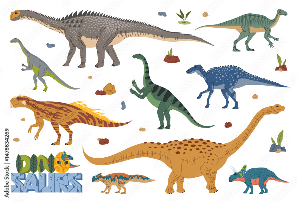 Obraz premium Cartoon prehistoric dinosaur characters with jurassic plants and rocks, vector dino animals. Funny camptosaurus, giant antarctosaurus and ampelosaurus sauropod dinosaurs and baby dino in egg shell