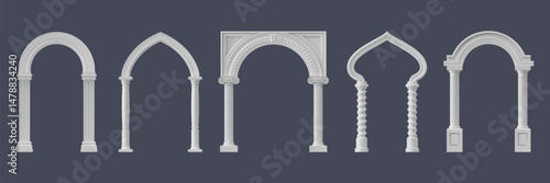 Realistic palace arch pillar gate, marble archway, ancient castle arc, greek temple column or antique mosque door frames. Vector 3d architecture elements set of realistic arches with pillars