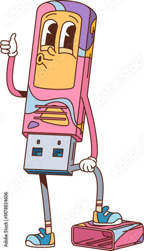 Cartoon groovy computer USB flash memory character with funny face, vector personage. Groovy USB flash memory dongle with thumb up gesture and happy whistling for computer character in retro cartoon