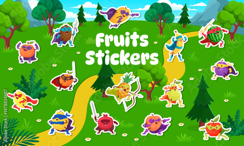 Superhero fruit characters stickers pack. Cartoon vector pineapple, banana, watermelon, pear or apple. Orange, peach, plum or pomegranate with lemon super hero personages with weapons, capes and masks