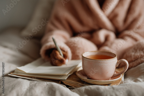 Woman enjoying a quiet morning in bed, writing in her personal journal while sipping a warm cup of tea, creating a cozy and relaxing atmosphere