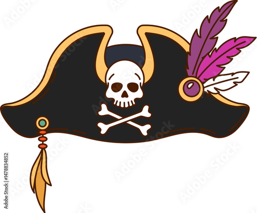Cartoon groovy corsair and pirate captain tricorn hat. Vector cocked cap, seafarer headdress with feathers, beads and jolly roger skull emblem. Isolated buccaneer, filibuster headgear, piracy costume