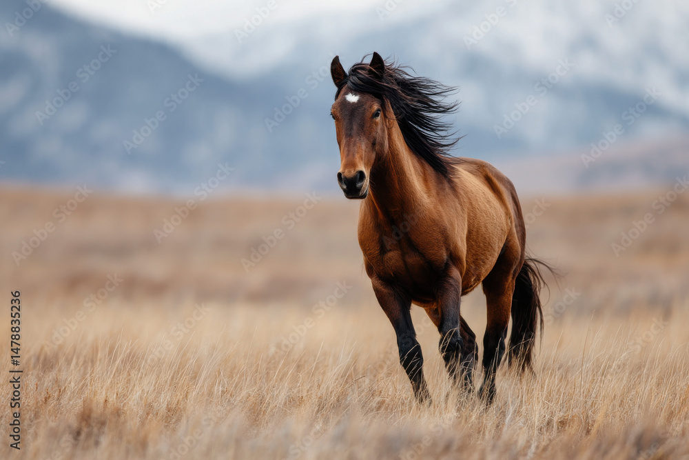 Obraz premium Horse running freely in open field symbolizing nature, grace, freedom, and movement