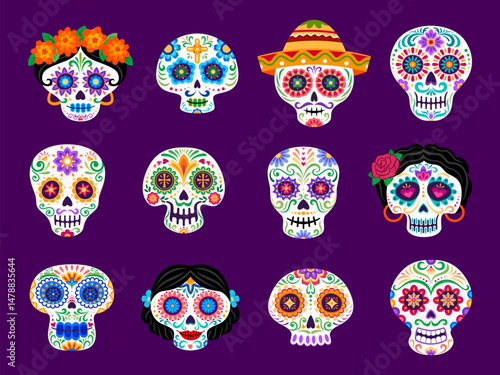 Day of the dead holiday Mexican calavera sugar skulls. Dia De Los Muertos cartoon vector calaca head craniums with floral patterns, flower wreaths or sombrero hats. Traditional Mexico festival symbols