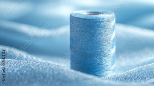 Blue thread spool on soft fabric surface in natural light close-up