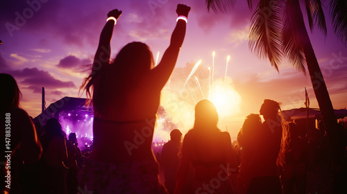 A dynamic moment from the Hangout Music Festival at dusk, where the crowd erupts under a sky painted with purples and oranges
