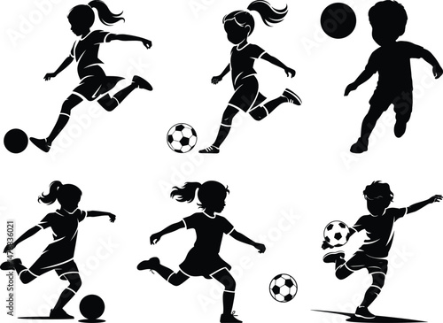 Silhouette of Boy and Girl Playing Football Fun Kids Sports Vector Illustration