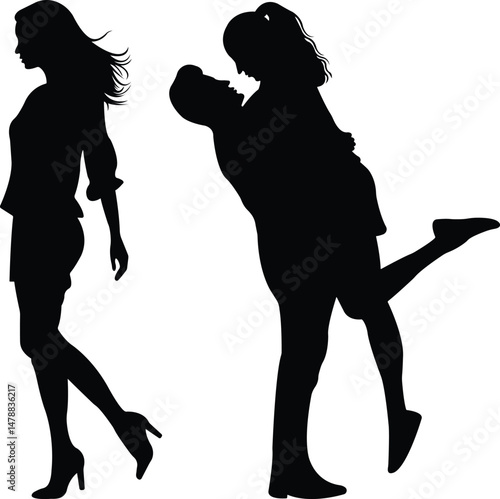 Romantic Couple Silhouette Hugging Vector Illustration Design