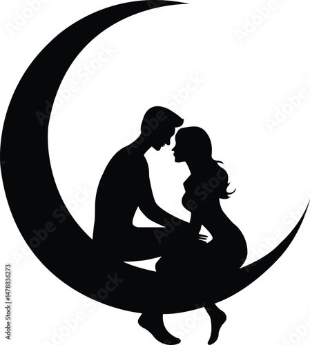 Silhouette Couple Sitting on the Moon Romantic Vector Illustration