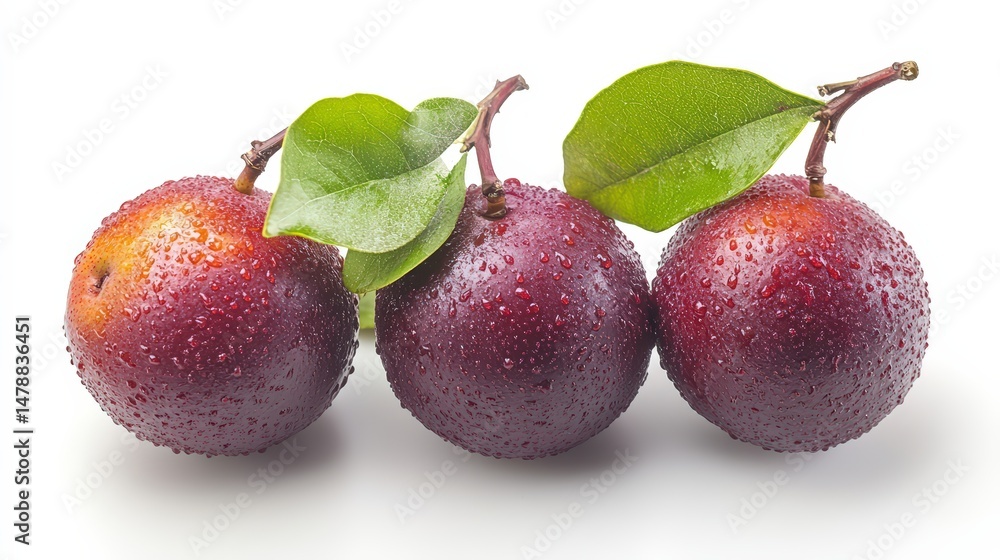 Fototapeta premium Queen Garnet Plums Trio with Leaves, Representing Fresh and Delicious Fruits