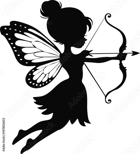 Silhouette of Angel with Bow and Arrow Archery Vector Illustration