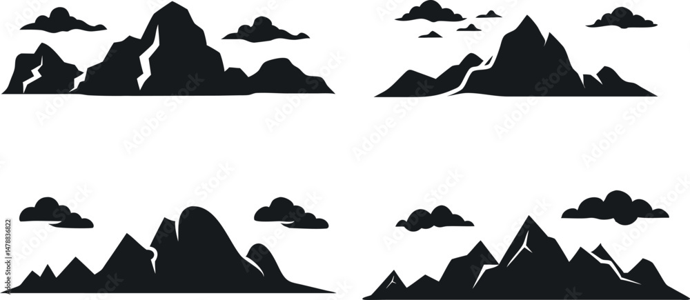 Fototapeta premium Set of Mountain Silhouette Landscape – Rocky Peaks under Cloudy Sky in Scenic Alpine Wilderness