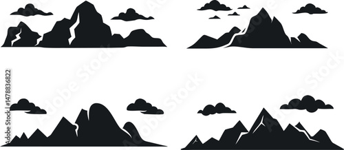 Set of Mountain Silhouette Landscape – Rocky Peaks under Cloudy Sky in Scenic Alpine Wilderness