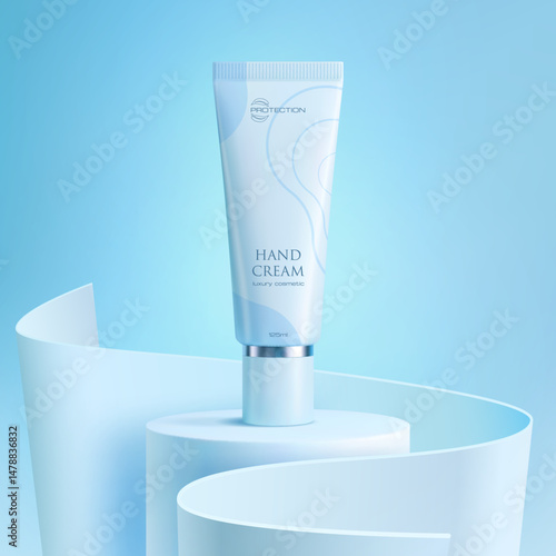 Podium stage with skin care cream tube. Elegant hand cream tube mockup on pastel blue pedestal with fluid curve. Realistic 3d vector cosmetic branding presentation showcasing luxury skincare packaging