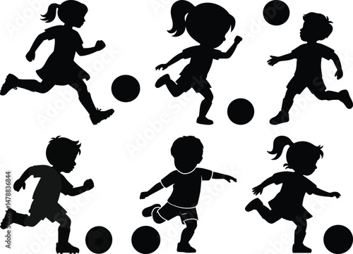 Silhouette of Boy and Girl Playing Football Colorful Vector Illustration