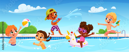 Cartoon children bathe swim and play in the pool. Funny kids at water party. Vector fun summer scene with boys and girls splashing, using float ring, beach ball and water guns during outdoor activity