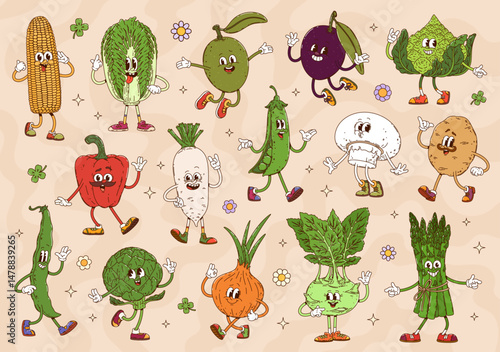 Cartoon groovy vegetable characters with funny face and happy smile, vector retro comic. Groovy asparagus with funky onion and olive, silly corn and cabbage with potato and cabbage with thumb up