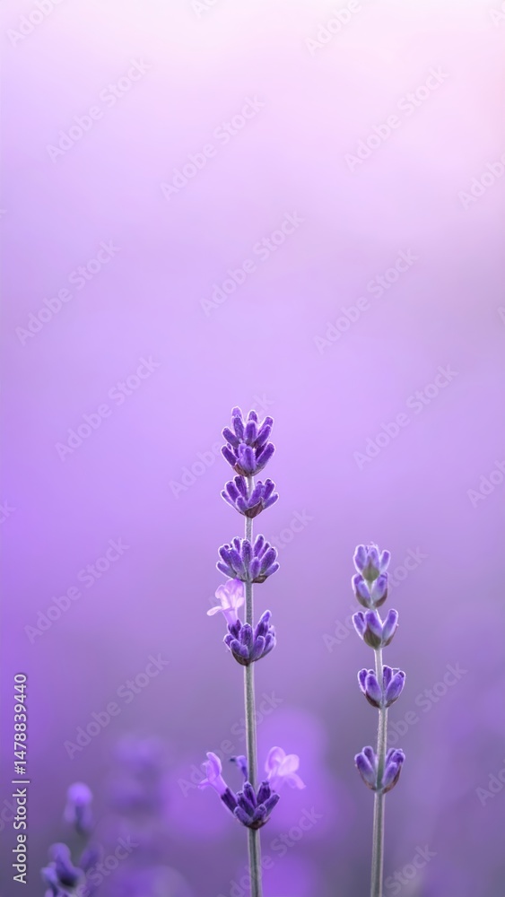 Fototapeta premium A vibrant field of lavender flowers sways gently in the breeze, set against a dreamy soft purple background that enhances their delicate beauty.