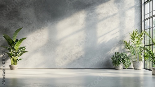 Fototapeta Naklejka Na Ścianę i Meble -   Modern Empty Grey Wall in a Spacious Office Interior with Plants and Large Windows. 3D Rendering.