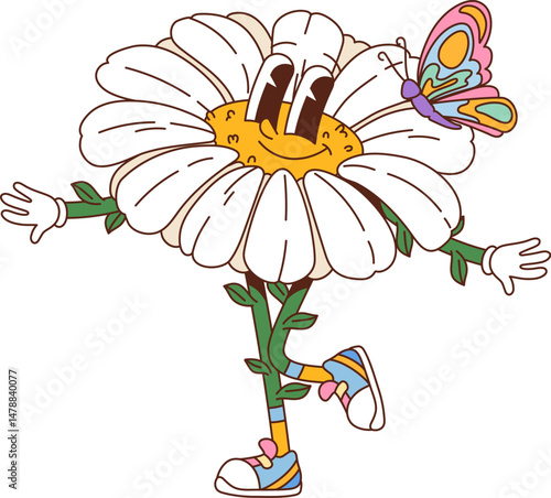 Cartoon groovy daisy flower hippie plant character with a butterfly. Isolated vector chamomile blossom personage with white petals, stem limbs, googly eyes, wide, charming smile and summer y2k vibe