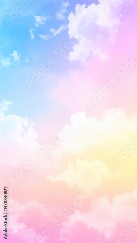 A soft, pastel sky background featuring fluffy white clouds gently scattered across the horizon, creating a serene and tranquil atmosphere.