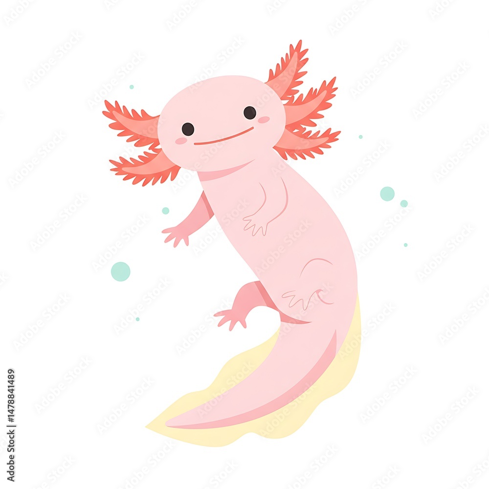 Cute Axolotl Cartoon Character, Pink Amphibian Smiling, Isolated On White Background Cute Axolotl Cartoon Character, Pink Amphibian Smiling, Isolated On White Background