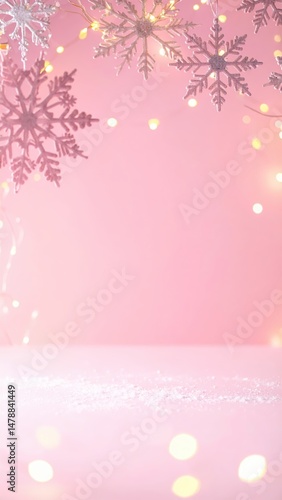A soft pink Christmas background adorned with delicate white snowflakes and twinkling fairy lights, creating a warm and festive holiday atmosphere.