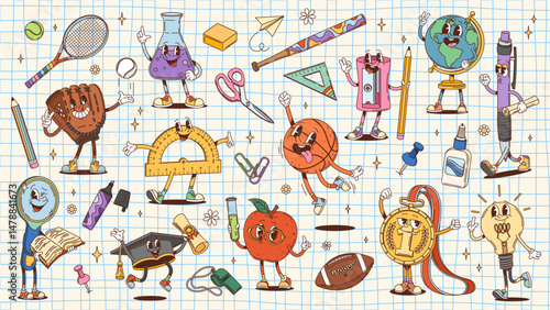 Groovy school and education stationery characters on a grid background. Cartoon vector learning and fun ruler, pencil, globe, apple and sports equipment. Educational personages of students supplies