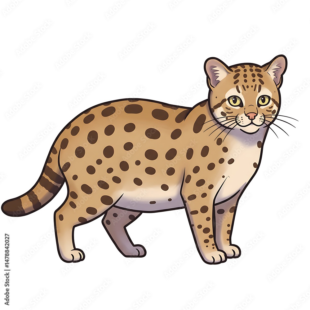 Obraz premium Cute Margay Cat Cartoon Character Standing on a White Background