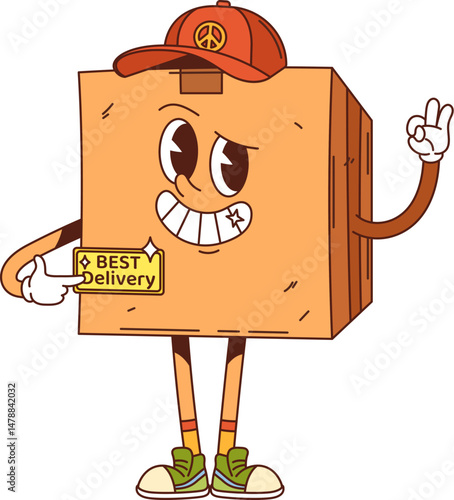 Cartoon groovy delivery cardboard box courier character. Vector package in postman worker cap. Isolated parcel, smiling cargo pack, friendly personage for mail or post shipping service with ok sign
