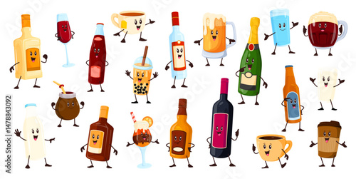 Cartoon alcohol drink and beverage characters. Funny bottles, glasses and cups vector personages of wine, beer, coffee and milk. Cute vodka, bubble tea, whisky, rum and soda bottle characters