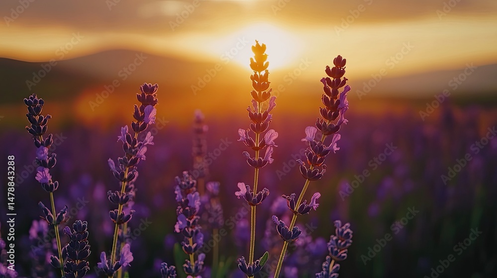Naklejka premium Lavender field bathed in golden sunset light.