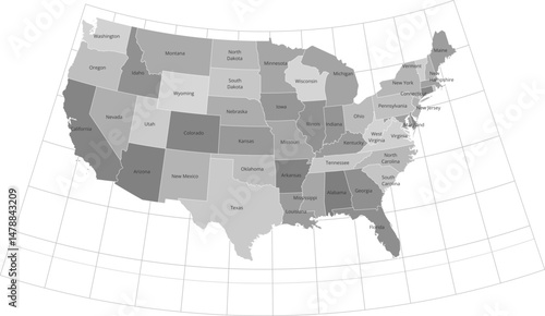 Contiguous United States vector map with state names,  boundaries and graticules (Albers equal area conic projection, 5 degree interval graticules,  PPT-compatible & fully editable)