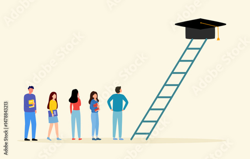 Group of students standing with ladder for climbing up to graduation hat in flat design. Education knowledge, diploma, College, University. Education success concept.