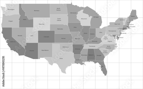 Contiguous United States vector map with state names,  boundaries and graticules (Web Mercator projection, 5 degree interval graticules,  PPT-compatible & fully editable)